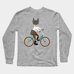 hipster cat on a bicycle Long Sleeve T-Shirt